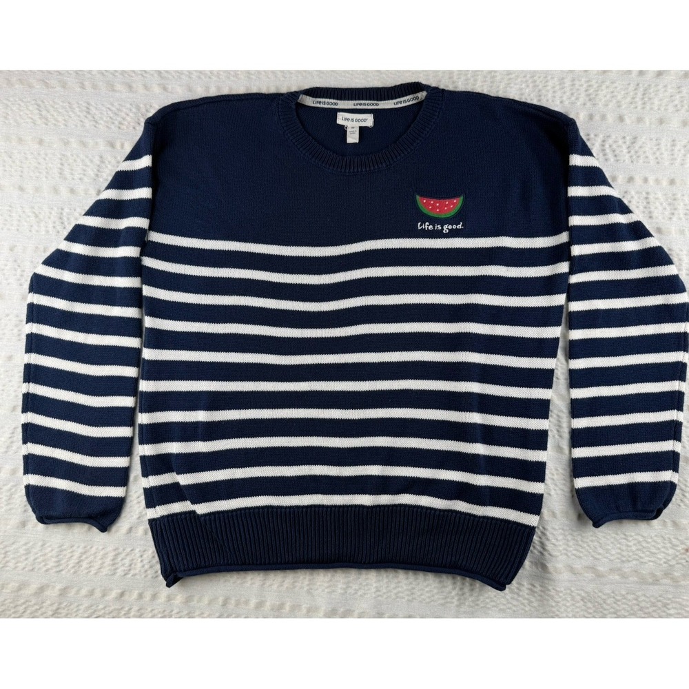 Life Is Good Sweater Womens M Blue Navy Striped‎ Watermelon Knit Casual Comfy